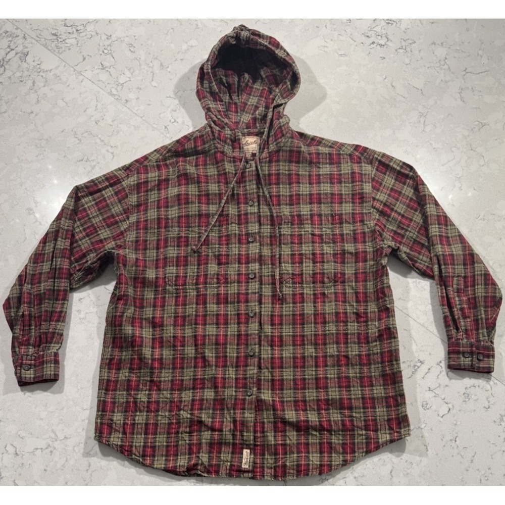 VTG 90s Woolrich Hooded Flannel Shirt Mens Medium Red Green Plaid 100% Cotton